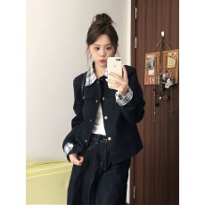 批发休闲风黑色翻领长袖短款直筒格子拼接皮衣 显瘦气质<b class='q'>通勤</b>