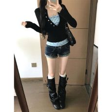 批发辣妹风深色低腰翻边毛边修身超<b class='q'>短裤</b>牛仔裤 显瘦减龄