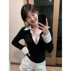 辣妹风黑色V领长袖拼接条纹修身T恤 显瘦气质通勤