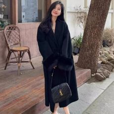 批发韩版黑色V领长袖长款系带毛呢外套 显瘦气质通勤