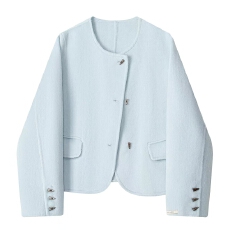 批发蓝色小香风圆领双面<b class='q'>羊绒</b><b class='q'>大衣</b>女冬季保暖温柔气质宽松短款羊毛外套