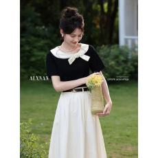 批发「风传花信」黑色法式气质短袖T恤女独特设计感拼色上衣裙子套装