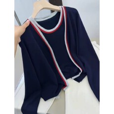 批发韩系<b class='q'>通勤</b>撞色条纹针织开衫柔软内搭吊带背心2025秋季百搭气质套装