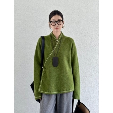 批发新中式女装橄榄绿毛衣斜襟盘扣<b class='q'>唐装</b><b class='q'>汉服</b>上衣25秋季超好看国风小衫