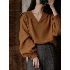 批发美拉德棕色海军领泡泡袖套头毛衣慵懒高级感复古软糯针织衫2025秋