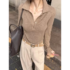 批发咖色<b class='q'>短</b>款老钱风polo领翻领针织衫女秋冬气质高级感内搭打底衫上衣