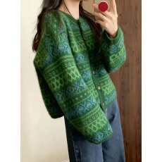 批发绿色提花毛衣<b class='q'>开衫</b>外套女2025新款冬季加厚慵懒风混色<b class='q'>马海毛</b>针织衫