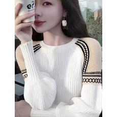 批发法式复古慵懒白色拼接毛衣针织打底衫女内搭秋冬灯笼长袖<b class='q'>修身</b>上衣