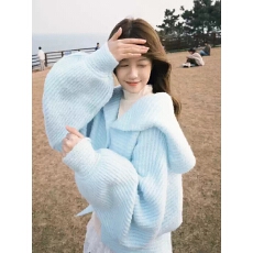 批发蓝色休闲风薄荷奶绿松弛风海军领针织毛衣宽松单排扣外套2025秋冬