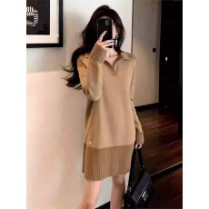 批发秋冬甜辣妹复古卡其色翻领长袖连衣裙女设计感修身绝美直筒长裙子
