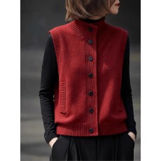 批发慵懒风复古高领毛衣马甲2025冬季女装高级感时尚显瘦红色针织开衫