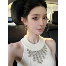 批发纯欲甜辣妹镶钻挂脖无袖吊带背心女设计感秋冬季<b class='q'>白色</b>修身显瘦上衣