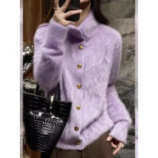 批发高级感立领紫色长毛绒<b class='q'>开衫</b>女2025年冬季新款宽松百搭气质软糯毛衣
