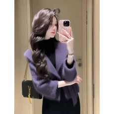 批发独特漂亮紫色针织开衫女装2025冬季轻熟气质名媛加厚百搭<b class='q'>短款</b>上衣