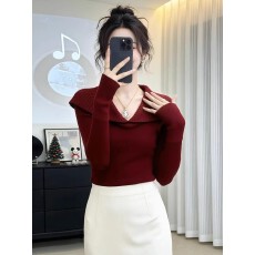 批发法式复古红色翻领毛衣女秋冬季2025新款高级感内搭<b class='q'>打底</b>衫针织<b class='q'>上衣</b>