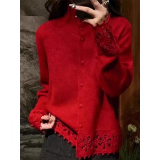 批发红色高领毛衣女士秋冬慵懒高级感减龄显瘦镂空钩花<b class='q'>打底</b>针织衫<b class='q'>上衣</b>