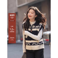 批发觅定费尔岛翻领提花针织马甲背心女冬季外穿马夹巨好看叠穿上衣