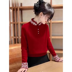 批发新中式国风红色刺绣女士毛衣过年穿搭冬季保暖打底立领<b class='q'>针织</b>衫<b class='q'>上衣</b>