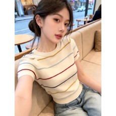 批发韩系甜美学院风杏色圆领条纹短袖<b class='q'>针织衫</b>女春夏季穿搭内搭打底上衣