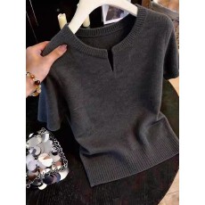 批发韩版高级感半开领<b class='q'>圆领</b>镂空短袖T恤女夏季新款修身显瘦<b class='q'>针织</b>小衫潮