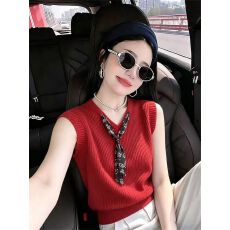 批发红色针织无袖背心女夏季新款设计感时尚丝巾坎肩超好看的气质上衣
