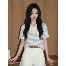批发蓝色POLO领条纹短袖T恤女2026夏季新款宽松撞色镂空半袖体恤<b class='q'>上衣</b>