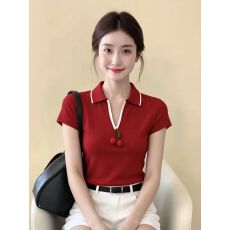批发韩系气质复古POLO领樱桃装饰短袖<b class='q'>针织</b>衫女夏季新款显瘦百搭<b class='q'>上衣</b>潮