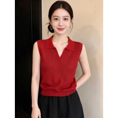 批发红色翻领无袖针织背心女夏外穿薄款百搭修身显瘦2026超火减龄上衣