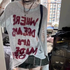 批发美式复古<b class='q'>街头</b>破洞镂空针织衫夏季时尚薄款长袖针织衫长袖罩衫上衣
