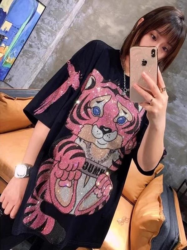 FA35742# 纯棉欧货大码卡通烫钻女装短袖t恤女夏季新款宽松百搭上衣 服裝批發女裝批發服飾貨源