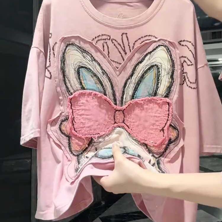 FA34675# 大码重工贴布印花短袖t恤女夏季新款宽松显瘦遮肉百搭上衣女 服裝批發女裝批發服飾貨源