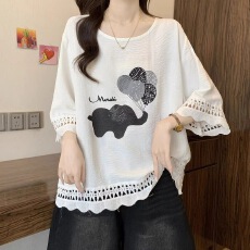 批发大码独特别致镂空七分袖T恤女<b class='q'>夏</b>季胖MM宽松显瘦蕾丝拼接圆领上衣