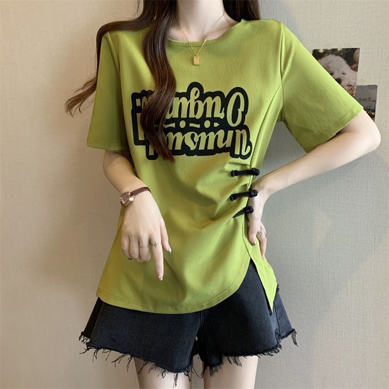FA35747# 大码女装遮肚盘扣设计印花短袖T恤女胖MM收腰显瘦不规则别致上衣 服裝批發女裝批發服飾貨源