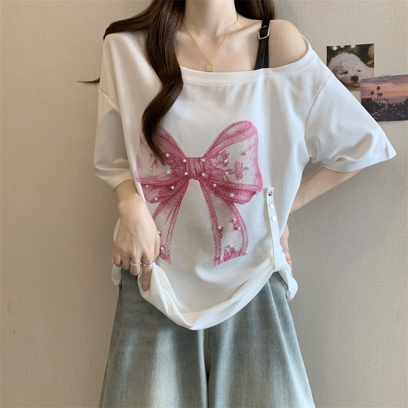 FA35745# 大码蝴蝶结钉珠露肩短袖t恤女夏季新款胖mm宽松显瘦遮肉上衣 服裝批發女裝批發服飾貨源