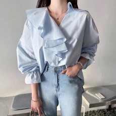 批发韩国chic秋季<b class='q'>甜美</b>气质V领拼接荷叶边宽松百搭纯色喇叭袖衬衫女