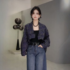 韩系复古慵懒格子长袖衬衫女2025新款秋季小众设计感宽松外搭上衣