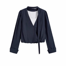 批发法式气质飘带V领长袖<b class='q'>衬衫</b>女秋季新款设计感<b class='q'>假两件</b>显瘦遮肚子上衣