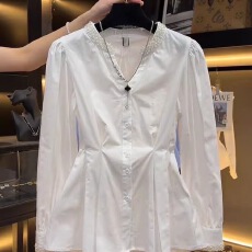 批发重工钉珠V领长袖衬衫女春季新款时尚蓝色设计感捏褶收腰上衣