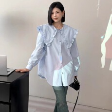 批发大码300斤时尚减龄宽松小清新蓝气质衬衫女2026春季别致<b class='q'>甜美</b>衬衣