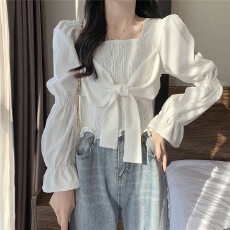 批发新款法式小众短款长袖衬衫设计感修身显瘦蝴蝶结打底衫上衣女
