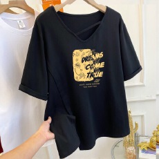 批发胖mm新款宽松<b class='q'>大码</b>短袖<b class='q'>上装</b>女士印花V领百搭显瘦ins潮可爱体恤微胖