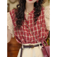 批发<b class='q'>蕾丝拼接</b>红格子无袖衬衫夏季女v领减龄重工刺绣衬衣百搭休闲上衣