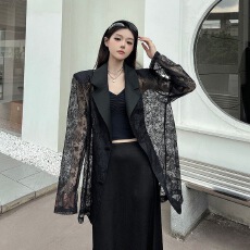 批发小众设计感蕾丝提花拼接镂空长袖<b class='q'>西装外套</b><b class='q'>女</b>夏季薄款防晒西服上衣