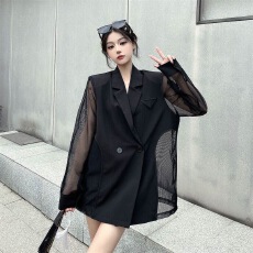 批发潮流镂空薄款拼接长袖<b class='q'>西装外套</b><b class='q'>女</b>夏季宽松设计感微透网纱休闲西服