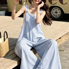批发宽松休闲度假风蓝条纹背带阔腿裤女夏慵懒风V领吊带<b class='q'>连体裤</b>套装