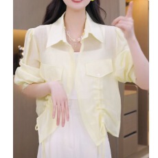 批发2026夏小众透气防<b class='q'>晒衣</b>轻薄衬<b class='q'>衣</b>宽松抽褶百搭短款坎肩开<b class='q'>衫</b>polo衬<b class='q'>衫</b>