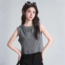 批发设计感露背连帽背心女2026夏季新款灰色<b class='q'>卫衣</b>马甲辣妹<b class='q'>短款</b>无袖上衣