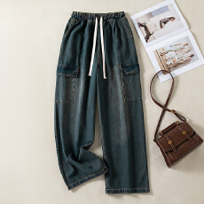 批发实拍美式街头做旧抽绳松紧腰牛仔裤<b class='q'>男</b>女潮牌宽松大码<b class='q'>长裤</b>