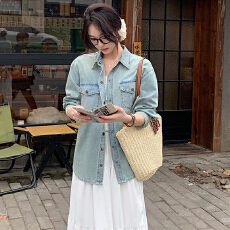 批发实拍好质量浅色牛仔衬衫女外套早春长袖大码胖MM衬衣上衣女