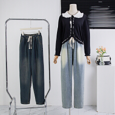 批发实拍春夏直筒窄版阔腿镰刀裤大码简约<b class='q'>松紧</b>腰垂感抽绳香蕉<b class='q'>牛仔裤</b>女
